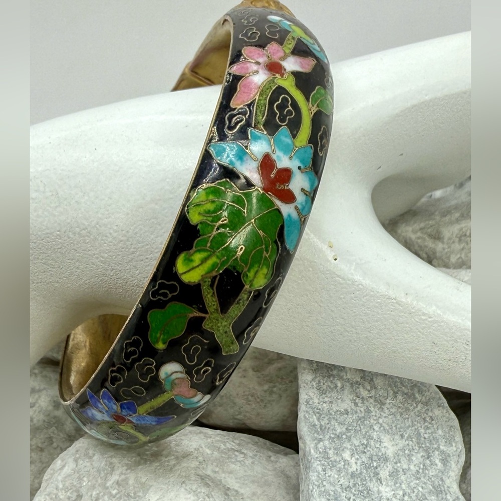 Vintage Cloisonné Twin Dragon Bangle Bracelet Black Enamel Floral 2.5” - Picture 12 of 17